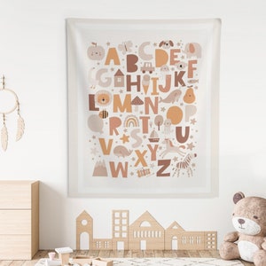 Cute Alphabet Kids Wall Tapestry, Boho Animals Wall Decor, Tapestry Boho, Heart Tones Nursery Wall Hanging