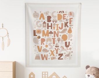 Cute Alphabet Kids Wall Tapestry, Boho Animals Wall Decor, Tapestry Boho, Heart Tones Nursery Wall Hanging