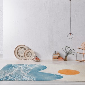 Boho Area Rugs, Japanese inspiration Carpet, Neutral Toned Playroom Rug, Sun and Mountains Carpet