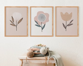 Scandinavian flowers Prints, Nursery Wildflower Wall Decor, Blush Flowers Art print, Set of Three Nursery Prints