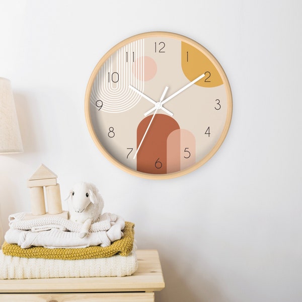 Horloge contemporaine, horloge murale bohème, horloge de chambre de bébé design minimaliste, horloge murale aux tons organiques de la terre, décoration bohème de chambre de bébé