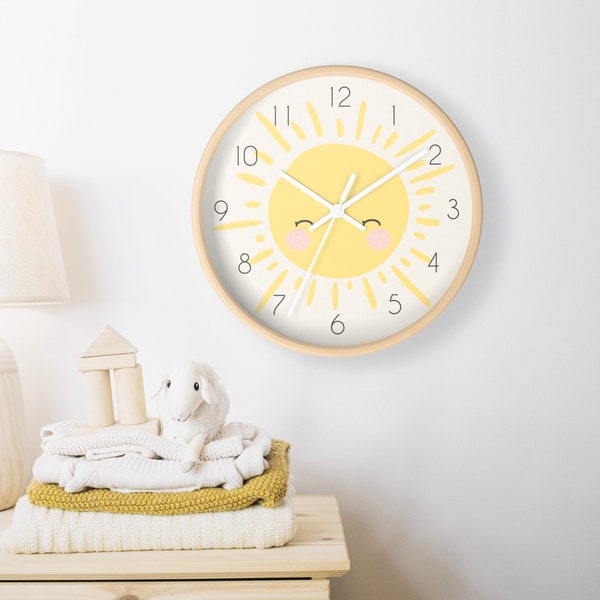 Happy Sun Wall clock, Nursery Clock Wall, New Baby Gift, Wooden Wall Clock, Cream and Yellow Nursery Wall Decor