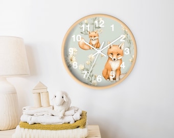 Cute Little Fox Wall Clock, Kids Clock, Silent Clock, Aqua and Cream Tones Kids Wall Clock, Fox Nursery Decor