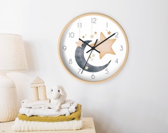 Watercolor Nursery Clock, Moon and Stars Clock Design, Dust Blue and Beige Kids Wall Clock, Silent Nursery Clock, Baby Shower Gift Idea