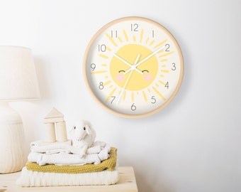 Happy Sun Wall clock, Nursery Clock Wall, New Baby Gift, Wooden Wall Clock, Cream and Yellow Nursery Wall Decor