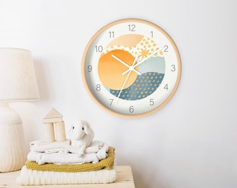 Sun Wall Clock, Geometric Sun Nursery Wall Clock, Kids Wall Decor Scandinavian Art Style, Hand Painted Watercolor Silent Clock Wall Hand