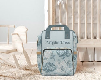 Customized Preppy Diaper Bag Vintage Flowers Design, Gift for New Mom, Retro Blue Flowers Diaper Backpack