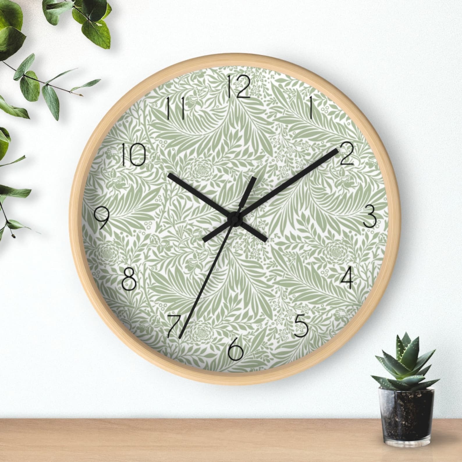 Botanical Clock Sage Green Wall Clock Minimalist Clock Wall Etsy