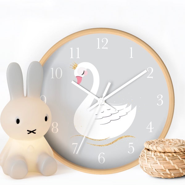 Grey Wall Clock Kids, Swan Design Clock, Wall Clock Girly, Modern Nursery Decorative Clock