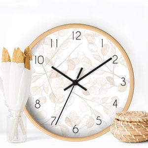 Dried Lunaria Branches Clock, Light Beige Wall Clock, Minimalist Clock Wall, Neutral Color Floral Wall Decor, Bedside Decorative Clock
