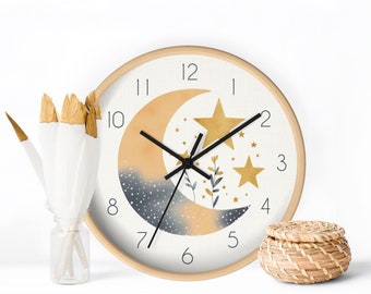Dust Blue and Beige Watercolor Wall Clock, Moon and Stars Nursery Clock, Neutral Colors Kids Wall Clock, Silent Clock