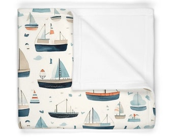 Baby Boy Soft Fleece Blanket, Nautical Blanket 30x40, Pale Blue Newborn Blanket, Sailing Boatd Design, Baby Shower Gift