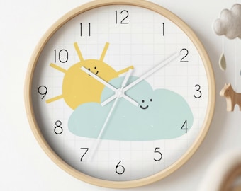 Cloud and Sun Kids Silent Wall Clock, Children's Nursery Decor, New Baby Gift