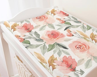 Watercolor Pink Peach Floral Change Mat Cover, Rose Flowers Design, Farmhouse Change Pad Covers, Nursery Baby Girl Changing Pad Case