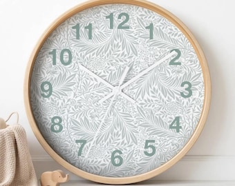 Sage Green Botanical Wall Clock, Minimalist Silent Clock