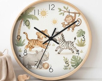 Reloj de pared silencioso con diseño de animales de safari para guardería, decoración para habitación infantil, regalo para recién nacidos.