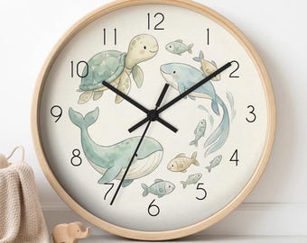 Horloge silencieuse pour chambre de bébé océan avec baleine, cadeau de baby shower, décoration murale apaisante pour chambre de bébé