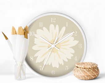 Daisy Flower Monochrome Clock Wall for Nursery, Minimalist Cream Tones Nursery Clock, Wall Clock Silent, Daisy design Kids Wall Clock