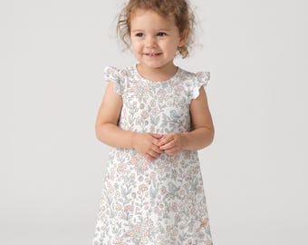 Girl's Flutter Sleeve Spring Dress, Pastel Baby Dress, Spring Summer Outfit, Bird Print Kids Clothing