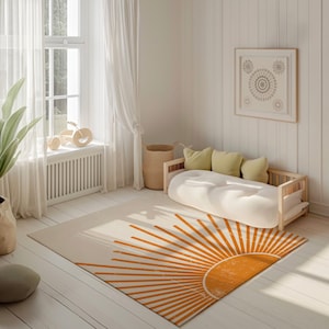 Sun Rug Boho, Retro Sun Kids Carpet, Kids Room Boho Rugs, Playroom Rust Sun Carpet Mid Century Design
