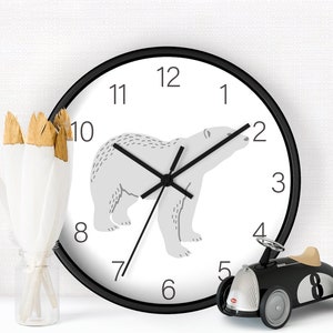 Diseño de reloj de pared de oso polar, reloj de pared para niños, reloj de diseño minimalista para niños, decoración de pared de habitación para niños, decoración moderna de guardería, diseño de oso polar imagen 4