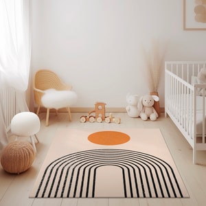 Mid Century Modern Carpet, Earth Organic Tones Rug, Abstract Sun Neutral Rug, Playroom Boho Carpet Kids