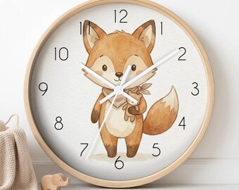 Horloge murale silencieuse Fox pour chambre d'enfant | Décoration neutre pour chambre de bébé, cadeau de baby shower
