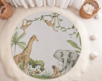 Safari Nursery Area Rug, Round Jungle Animal Chenille Rug, Baby Room Decor, Soft Kids Play Mat, Gender Neutral Nursery Accessory