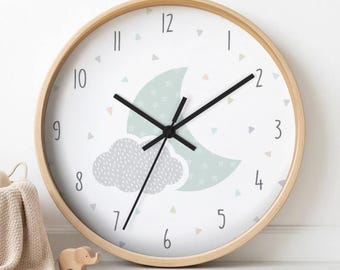 Cloud and Moon Nursery Clock, Silent Kids Wall Decor
