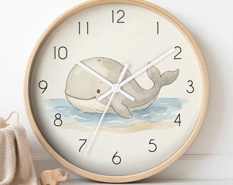 Horloge silencieuse baleine, cadeau de baby shower, décoration de chambre de bébé océan calme, décoration murale aquarelle vintage