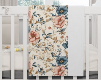 Retro Flowers Baby Girl Blanket, Fleece Blanket 30x40, Dast Pink Blue and Beige Blanket, Floral Botanical Blanket Baby Shower Gift