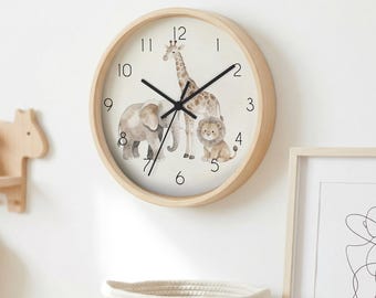 Horloge murale monochrome animaux de safari, horloge silencieuse pour chambre d'enfant, décor neutre