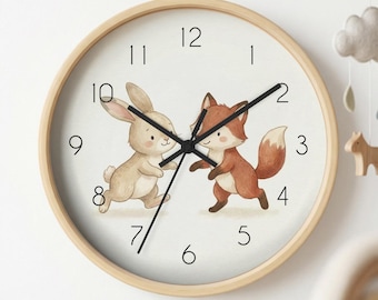 murale Lapin et renard dansants | Horloge animalière Woodland pour chambre d'enfant, cadeau de naissance
