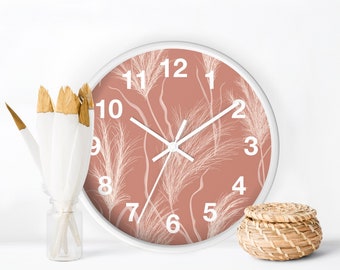 Boho Nursery Wall Clock, Dry Pampas Grass Clock, Mauve Brown Boho Clock Wall, Earth Tones Bedroom Wall Clock