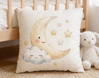 Taie d'oreiller lune et nuages souriants, Taie d'oreiller carrée pour bébé | Calm Nursery - Ciel nocturne Coussin