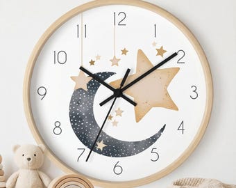 Moon and Stars Kids Clock: Silent Nursery Wall Decor