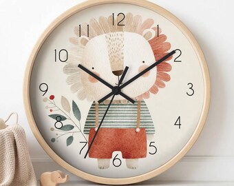 horloge murale d'illustration de lion de chambre d'enfant calme | Déco silencieuse pour chambre d'enfant