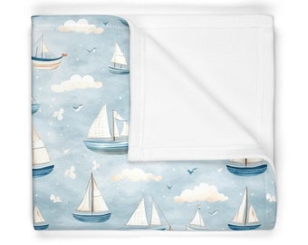 Pale Blue Baby Boy Blanket, Nautical Soft Fleece Blanket 30x40, Newborn Gift, Sailing Boatd Design, Baby Shower Blanket