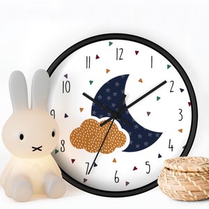 Wall Clock Kids, Moon And Cloud Design, Blue Gold Clock Wall Design, Modern Nursery Wall Decor, Wall Clock Modern