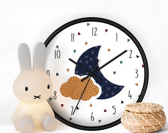 Wall Clock Kids, Moon And Cloud Design, Blue Gold Clock Wall Design, Modern Nursery Wall Decor, Wall Clock Modern