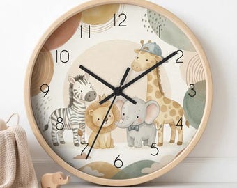 horloge silencieuse colorée pour chambre d'animaux de safari | Décoration murale moderne pour chambre d'enfant