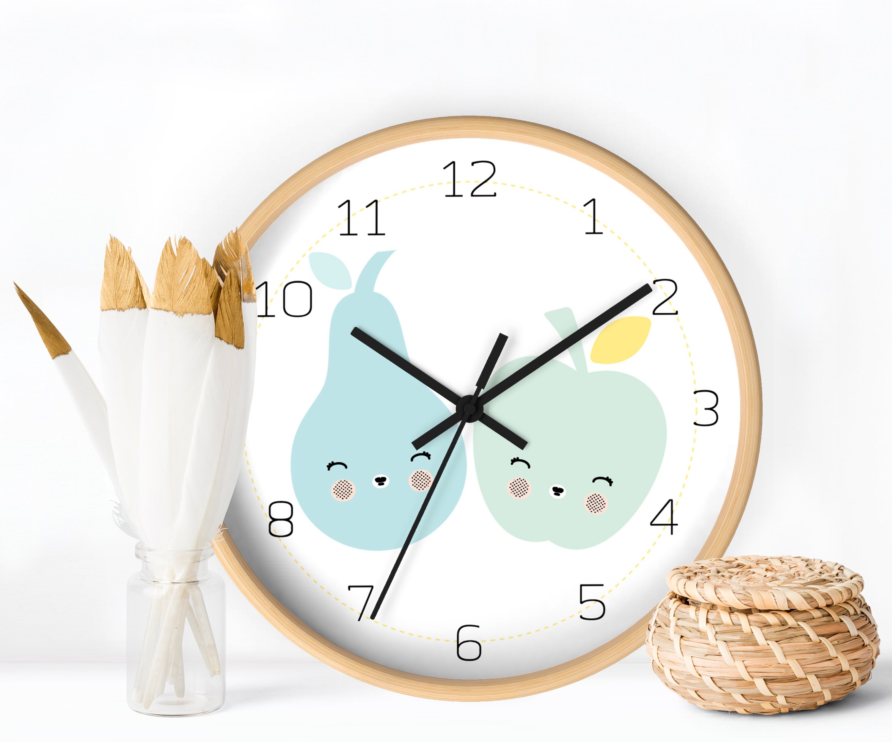 Apple And Pear Kids Wall Clock Nursery Blue Mint Decor Room Decorative