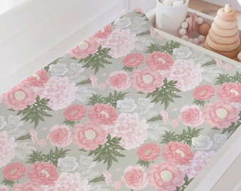 Retro Floral Changing Pad Cover for Newborn Baby Girl Gift, Peony Design Baby Girl Changing Mat Cover, Baby Shower Gift Idea