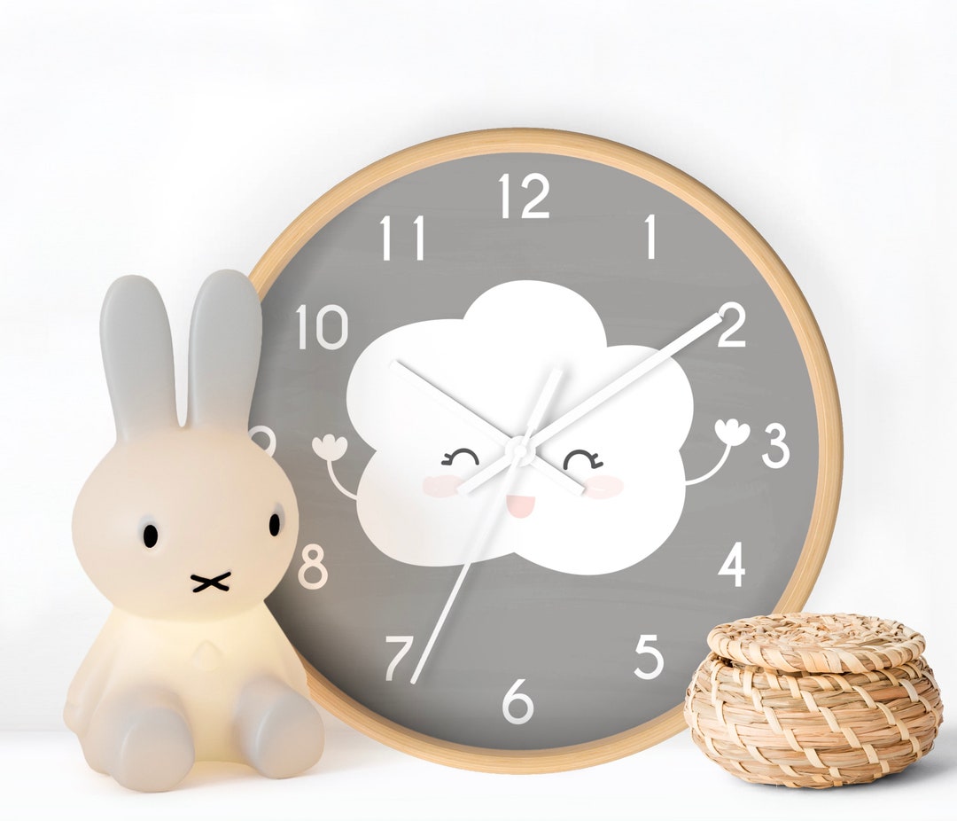 Happy Cloud Wall Clock Design Grey Nursery Wall Clock Etsy