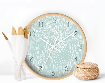 Wall Clock Botanical, Minimalist Design Clock, Nursery Wall Decor, Light Sage Green Clock, Scandinavian Floral Clock