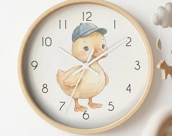 murale silencieuse rétro pour bébé caneton | Cadeau baby shower, décoration neutre pour chambre d'enfant