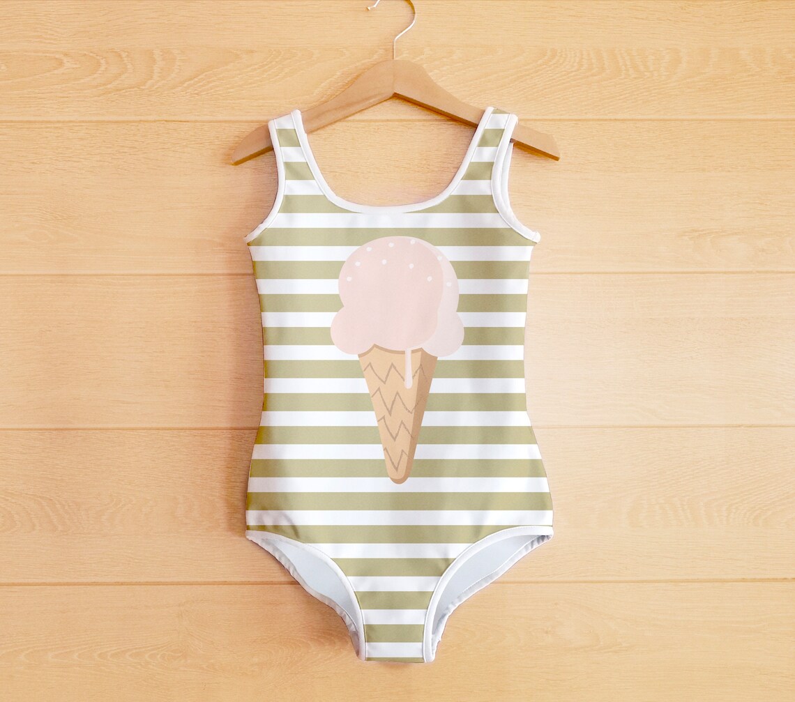 Gold Striped Toddler Swimsuit Icecream Design Bathing Suit Etsy