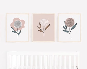 Stampe fiori scandinavi, Nursery Wildflower Wall Decor, Blush Flowers Art print, Set di tre stampe nursery
