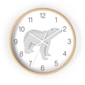 Diseño de reloj de pared de oso polar, reloj de pared para niños, reloj de diseño minimalista para niños, decoración de pared de habitación para niños, decoración moderna de guardería, diseño de oso polar imagen 2