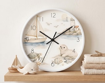 Coastal Nursery Clock, Under The Sea Decor, Silent Wooden Wall Clock, Baby Room